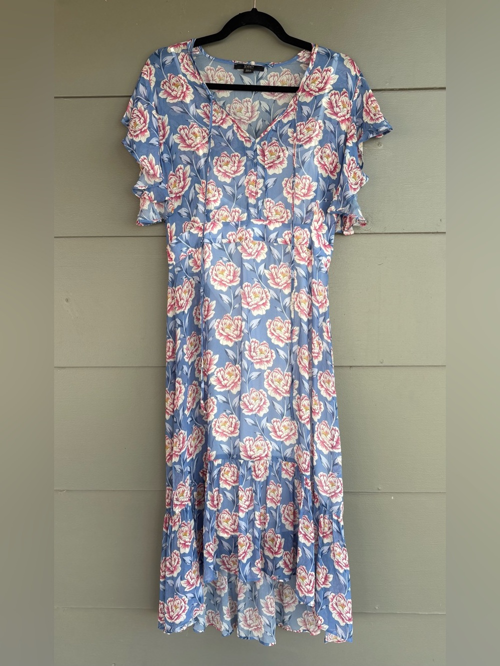 Seventy Rose Print Blue Ruffle Hem Midi Dress